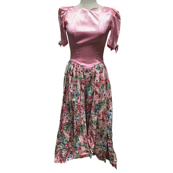 Vintage Debbie Robitaille Pink Satin Bodice Floral Skirt Hi Low Floor Length - Picture 3 of 6